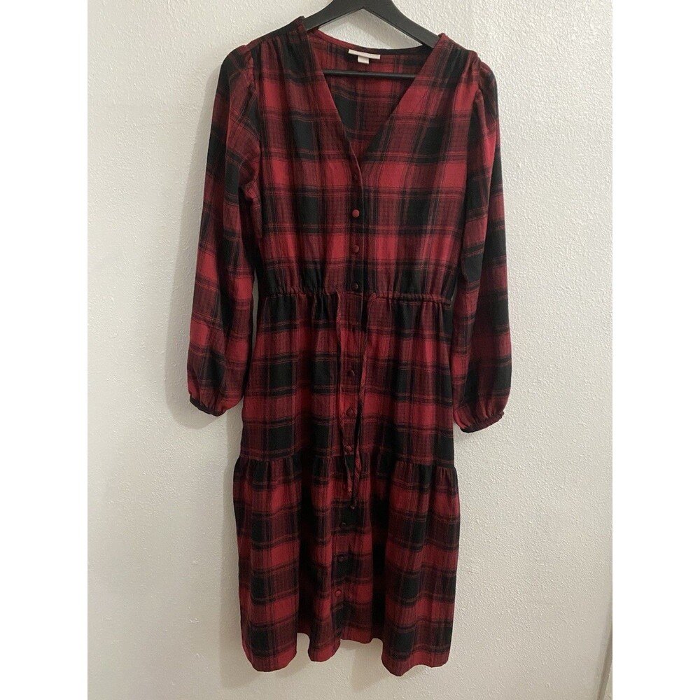 Knox Rose Long Sleeve Red Buffalo Plaid Boho Tiered Dress M L39